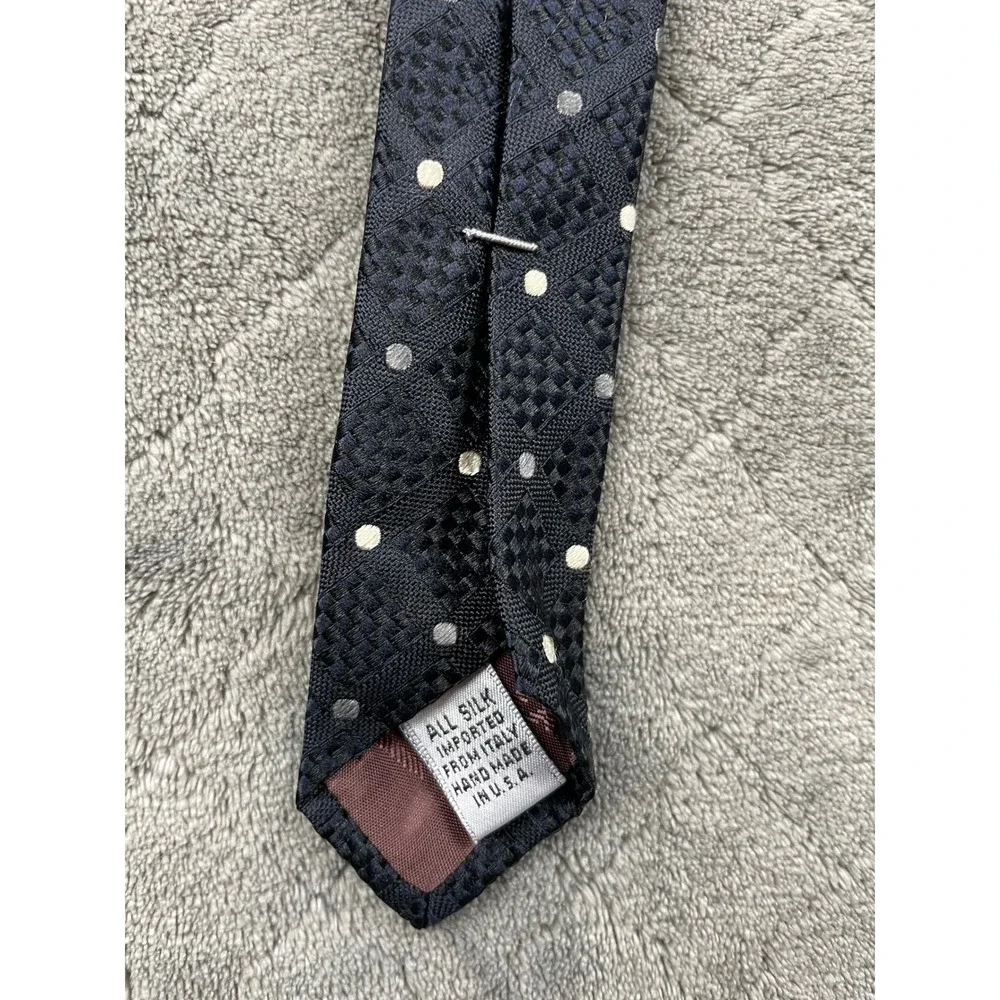 XMI Platinum Men Silk Tie Navy Blue Polka Dot Geometric Basketweave Handmade USA
